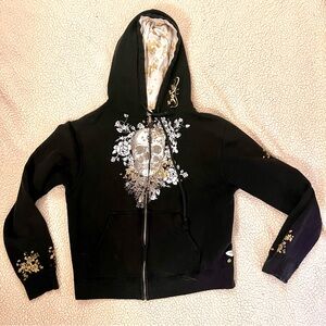 Vintage Y2K No Fear Faded Black Zip Up Hoodie with Floral Skull Design